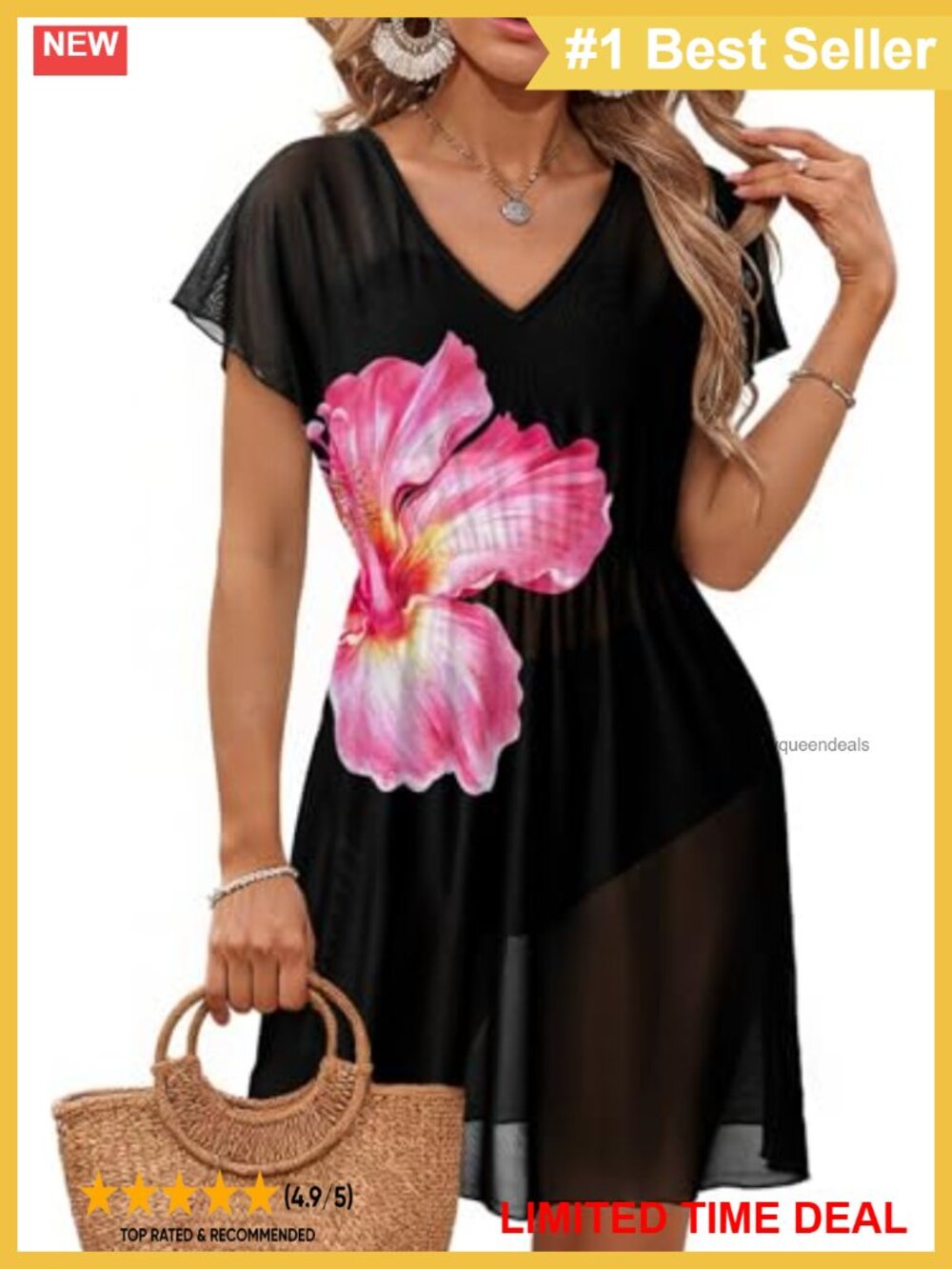 Sheer Mesh V Neck Short Sleeve Floral Beach Swim Cover Up Dress
